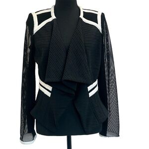 FRANK Lyman black mesh sleeve white trim open front blazer Sz 8 NWOT